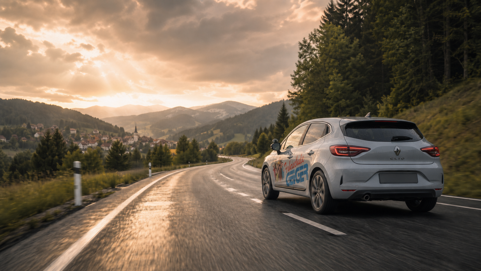 Renault Clio der Fahrschule Geiger auf einer ruhigen Landstraße